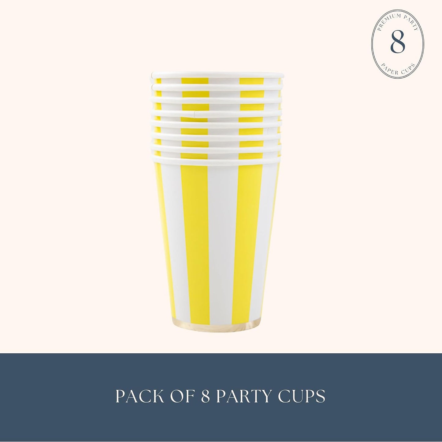 Light Yellow Cabana Stripe Party Cups, Pack of 8, 12oz | Disposable, for holidays, baby showers, and birthday parties