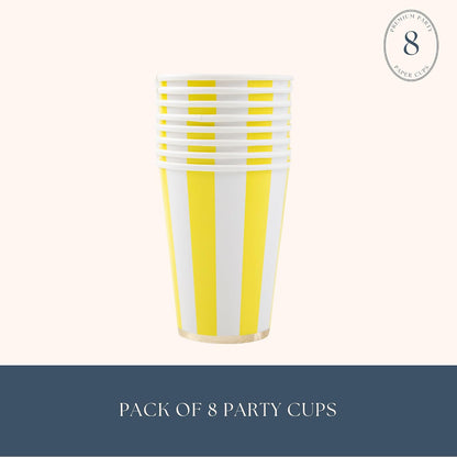 Light Yellow Cabana Stripe Party Cups, Pack of 8, 12oz | Disposable, for holidays, baby showers, and birthday parties