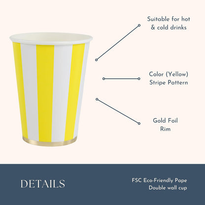 Light Yellow Cabana Stripe Party Cups, Pack of 8, 12oz | Disposable, for holidays, baby showers, and birthday parties
