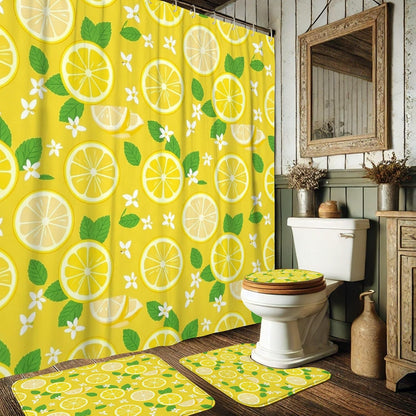 Lemon Shower Curtain Sets, Summer Bright Lemon Leaves Summer Yellow Waterproof Fabric Bathroom Sets with Shower Curtain and Rugs for Home Bath Toile Hotel Decor 72x72 Inch