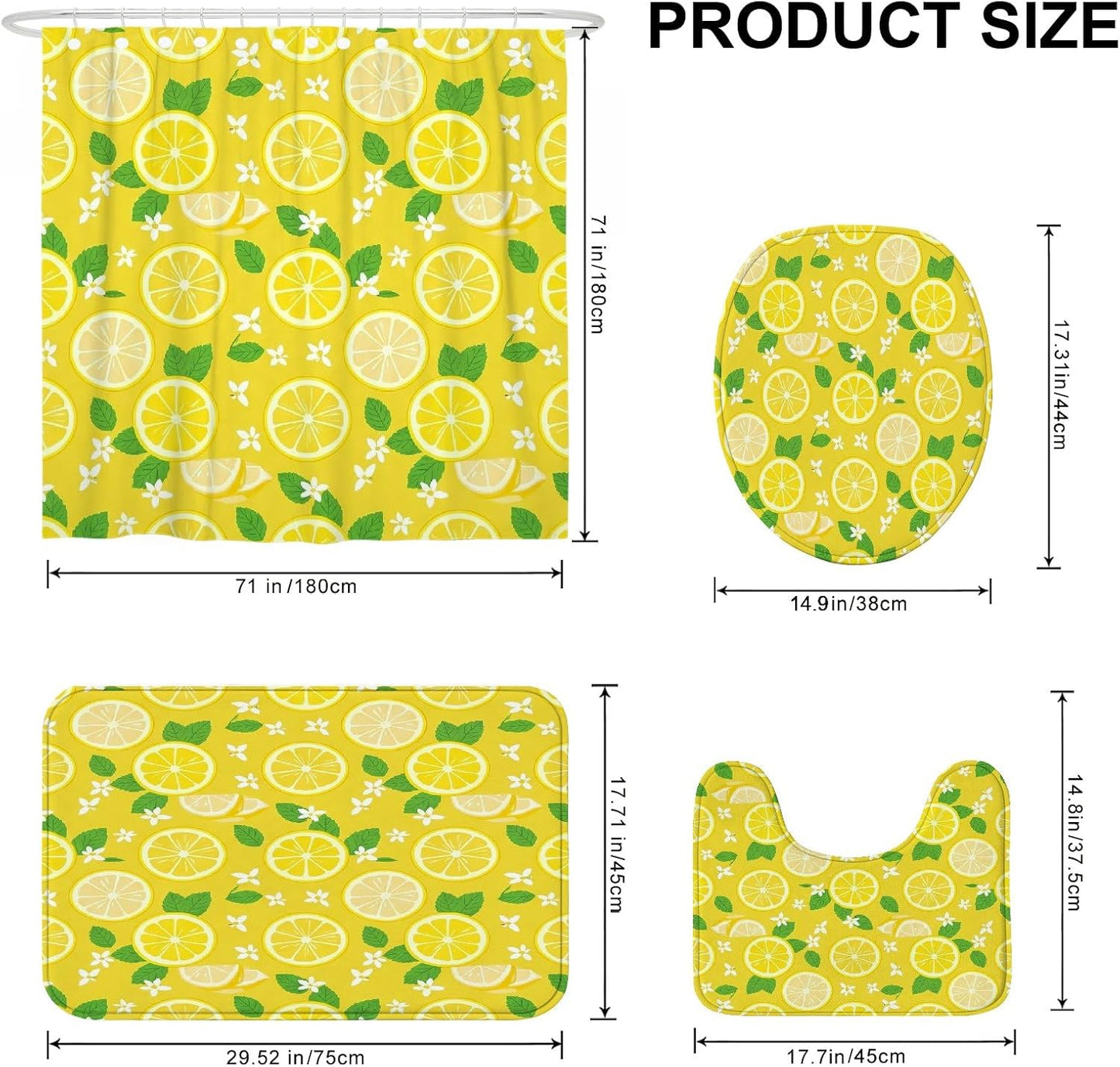 Lemon Shower Curtain Sets, Summer Bright Lemon Leaves Summer Yellow Waterproof Fabric Bathroom Sets with Shower Curtain and Rugs for Home Bath Toile Hotel Decor 72x72 Inch