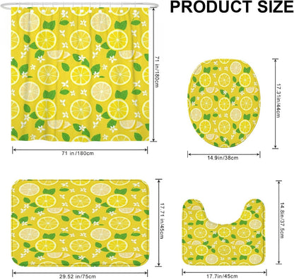Lemon Shower Curtain Sets, Summer Bright Lemon Leaves Summer Yellow Waterproof Fabric Bathroom Sets with Shower Curtain and Rugs for Home Bath Toile Hotel Decor 72x72 Inch