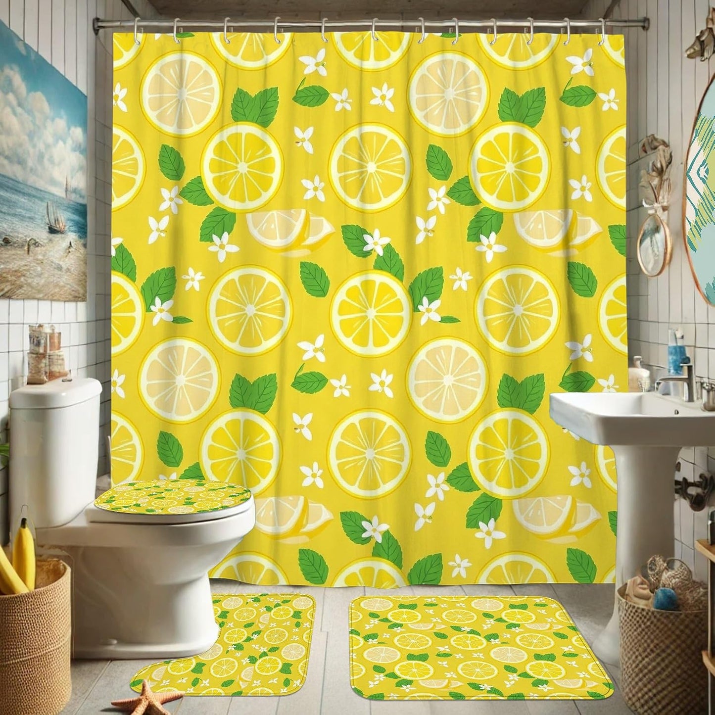 Lemon Shower Curtain Sets, Summer Bright Lemon Leaves Summer Yellow Waterproof Fabric Bathroom Sets with Shower Curtain and Rugs for Home Bath Toile Hotel Decor 72x72 Inch