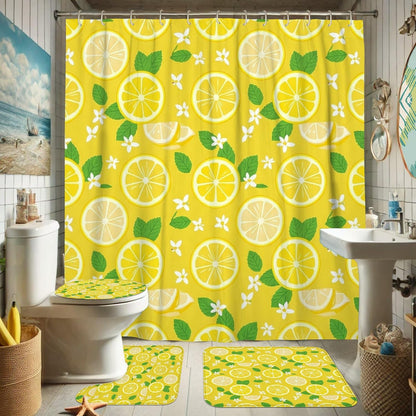 Lemon Shower Curtain Sets, Summer Bright Lemon Leaves Summer Yellow Waterproof Fabric Bathroom Sets with Shower Curtain and Rugs for Home Bath Toile Hotel Decor 72x72 Inch