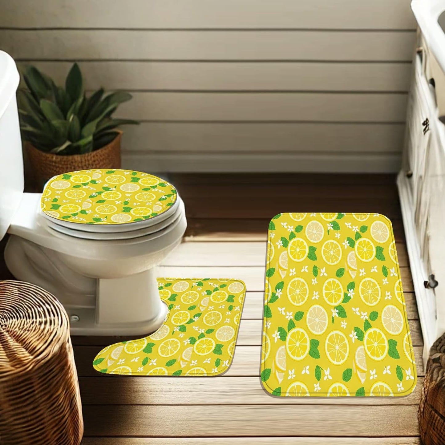 Lemon Shower Curtain Sets, Summer Bright Lemon Leaves Summer Yellow Waterproof Fabric Bathroom Sets with Shower Curtain and Rugs for Home Bath Toile Hotel Decor 72x72 Inch