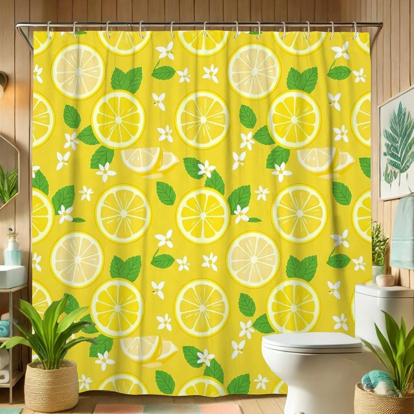 Lemon Shower Curtain Sets, Summer Bright Lemon Leaves Summer Yellow Waterproof Fabric Bathroom Sets with Shower Curtain and Rugs for Home Bath Toile Hotel Decor 72x72 Inch