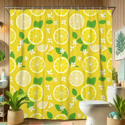 Lemon Shower Curtain Sets, Summer Bright Lemon Leaves Summer Yellow Waterproof Fabric Bathroom Sets with Shower Curtain and Rugs for Home Bath Toile Hotel Decor 72x72 Inch