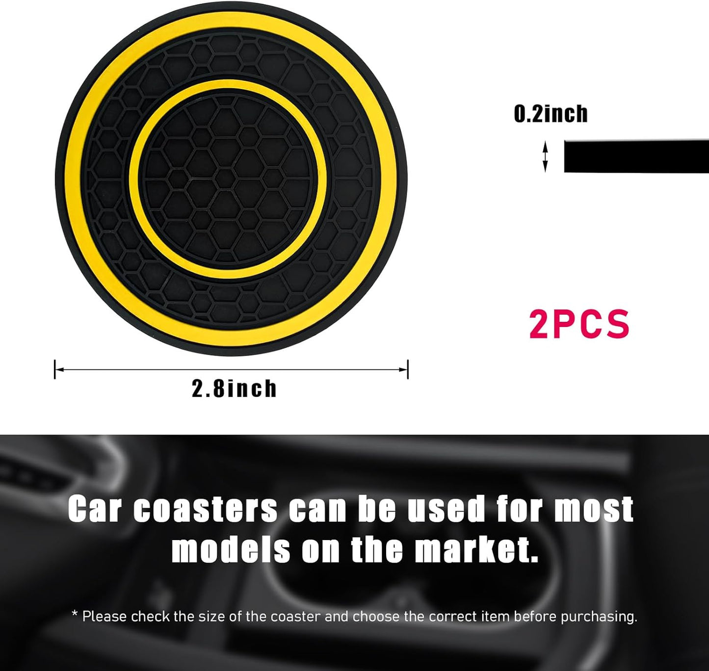 2 PCS Car Cup Holder Coasters, 2.75 Inch Diameter Dustproof Auto Cup Holder Insert Coaster, Universal Anti-Slip Drink Cup Mat for Most Vehicles, Interior Car Accessories (Yellow)