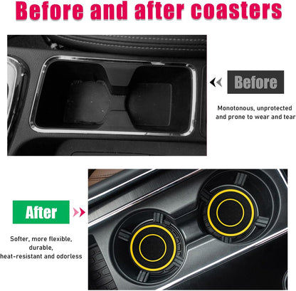 2 PCS Car Cup Holder Coasters, 2.75 Inch Diameter Dustproof Auto Cup Holder Insert Coaster, Universal Anti-Slip Drink Cup Mat for Most Vehicles, Interior Car Accessories (Yellow)
