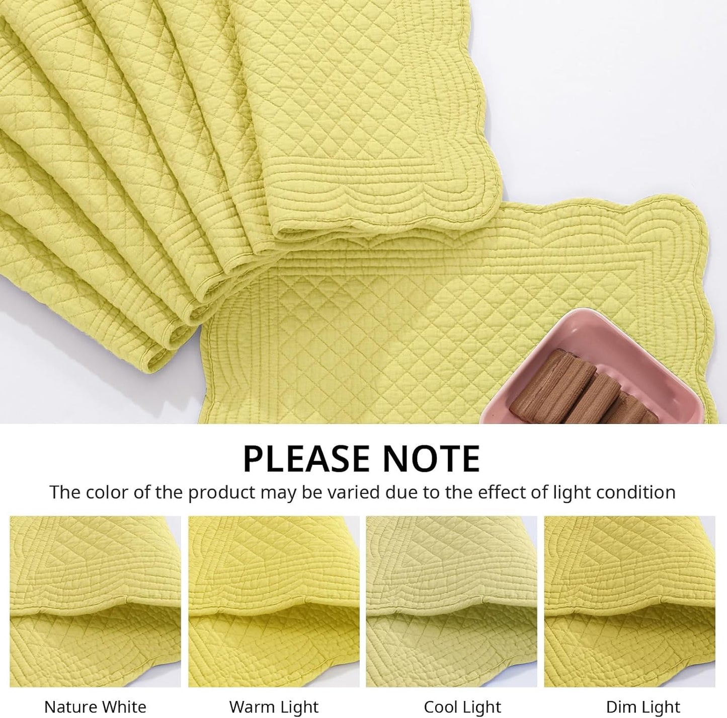 Quilted Placemats Set of 6 Washable-13x18 inches Rectangular Placemats for Kitchen Table-100% Cotton Fabric Rectangular Table Mats, (Yellow)