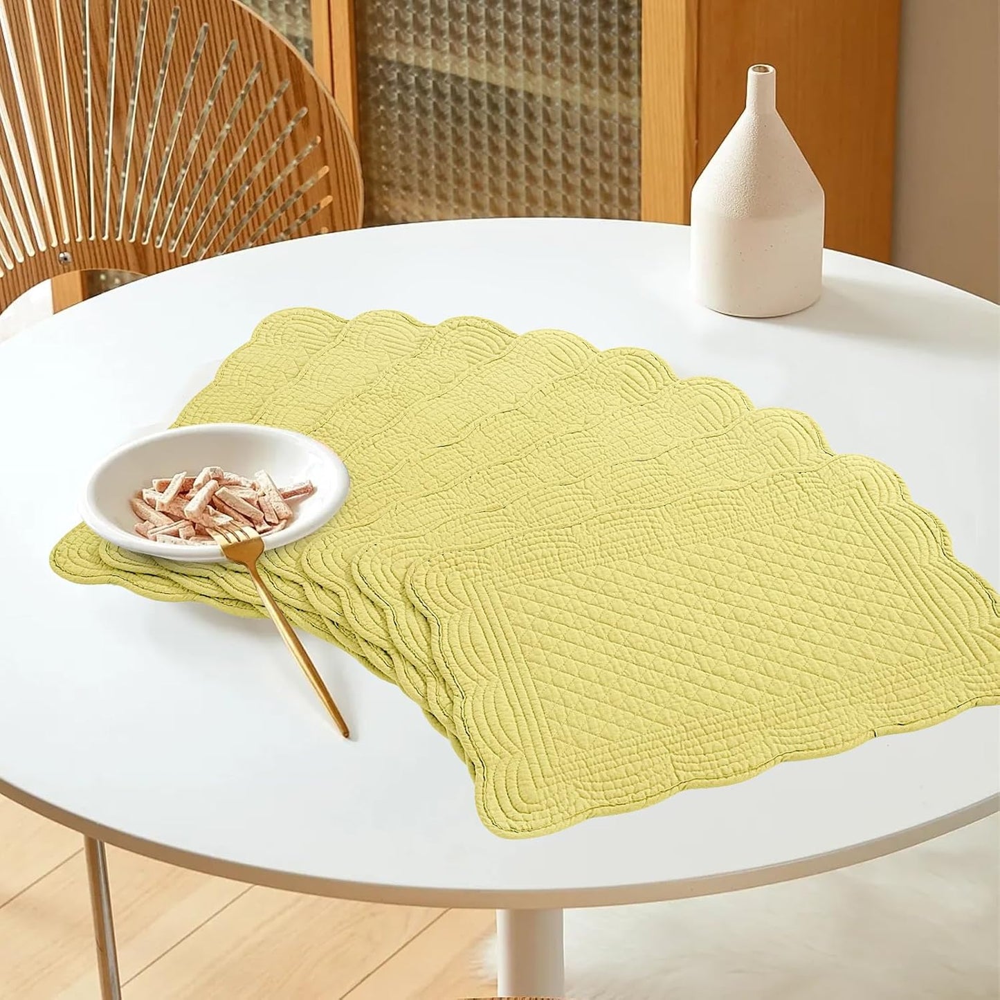 Quilted Placemats Set of 6 Washable-13x18 inches Rectangular Placemats for Kitchen Table-100% Cotton Fabric Rectangular Table Mats, (Yellow)