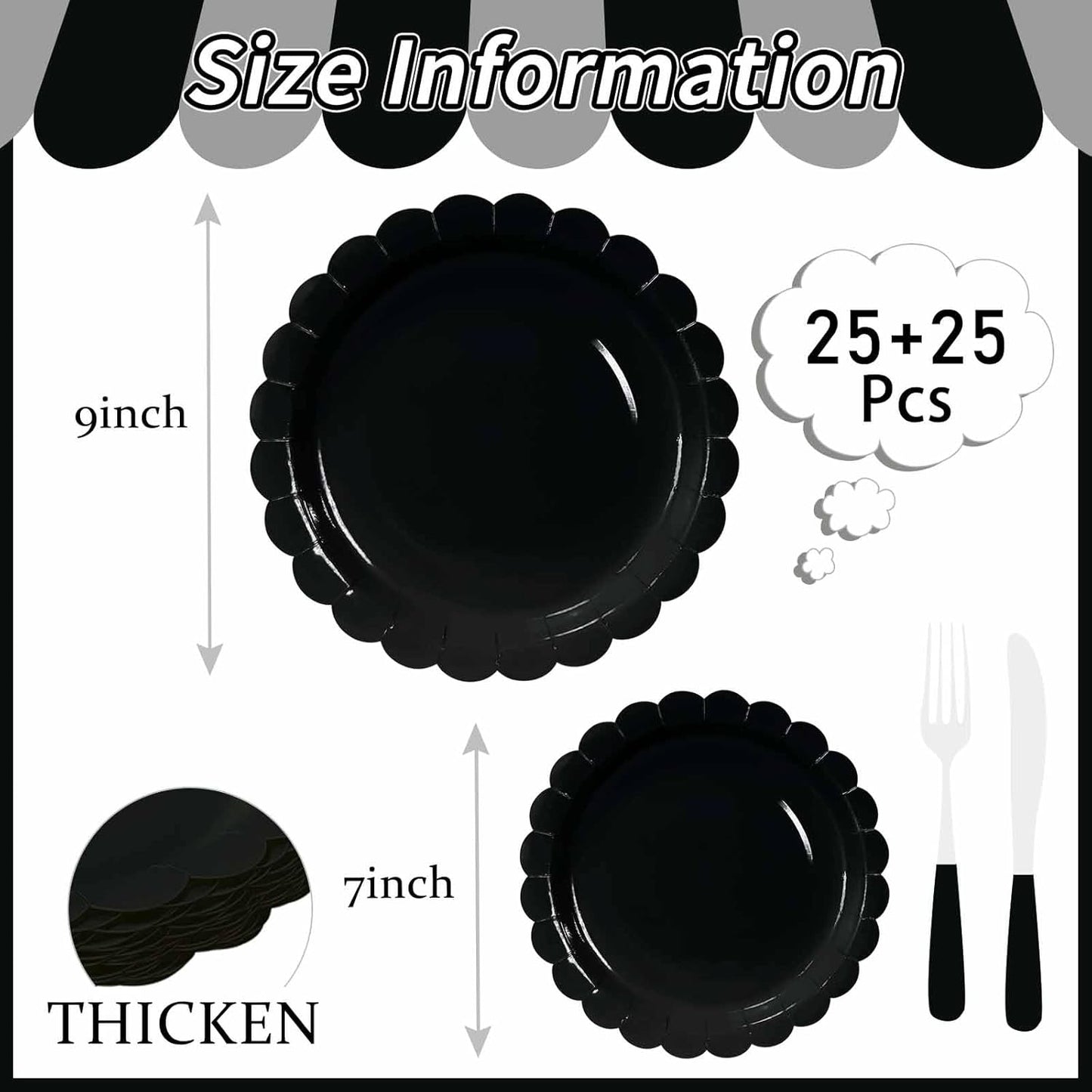 50 Pcs Yellow Scalloped Paper Plates 25 × 7'' and 25 × 9'' Disposable Yellow Scalloped Dinner Plates for Wedding Baby Shower Birthday Party Disposable Dessert Plate