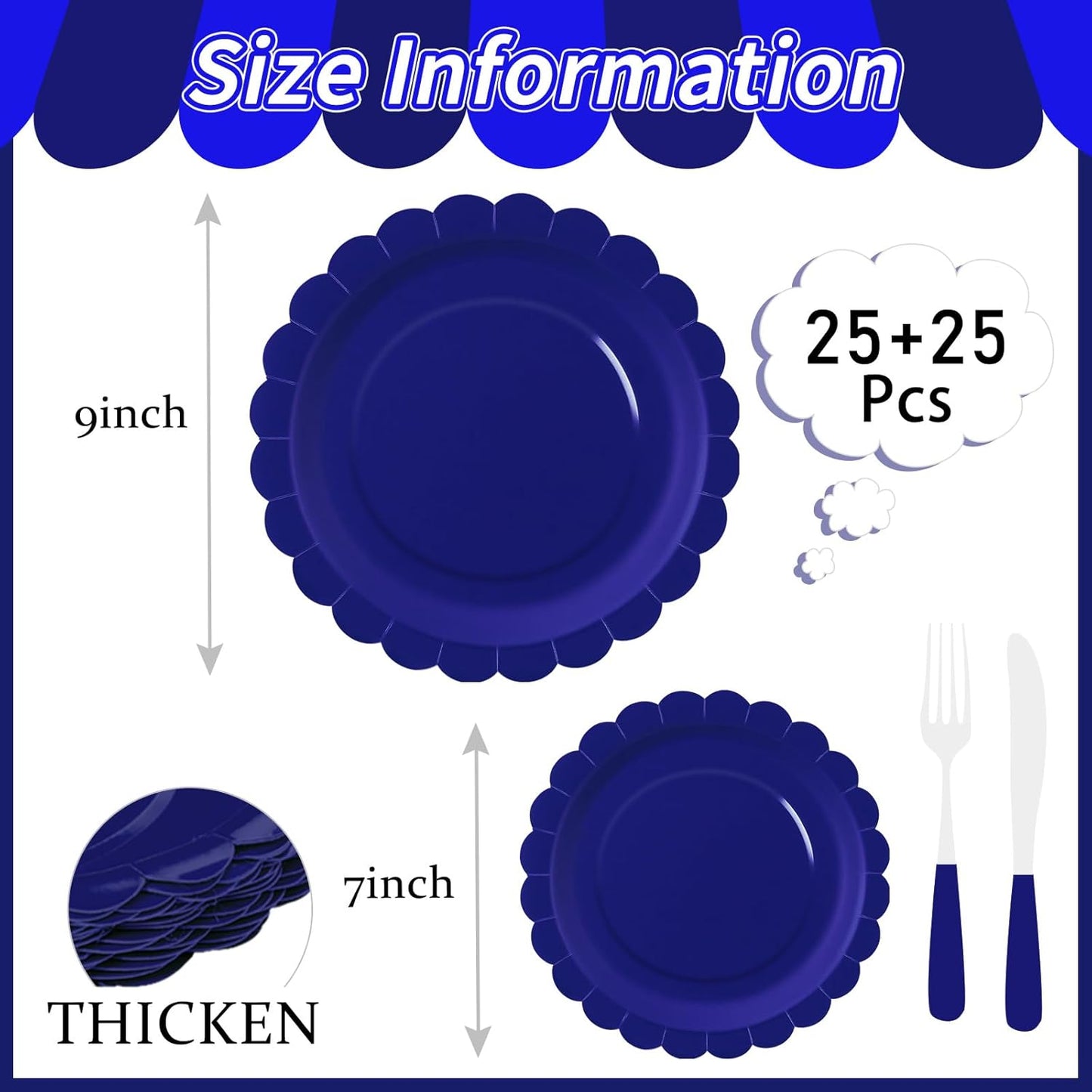 50 Pcs Yellow Scalloped Paper Plates 25 × 7'' and 25 × 9'' Disposable Yellow Scalloped Dinner Plates for Wedding Baby Shower Birthday Party Disposable Dessert Plate