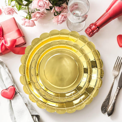 50 Pcs Yellow Scalloped Paper Plates 25 × 7'' and 25 × 9'' Disposable Yellow Scalloped Dinner Plates for Wedding Baby Shower Birthday Party Disposable Dessert Plate