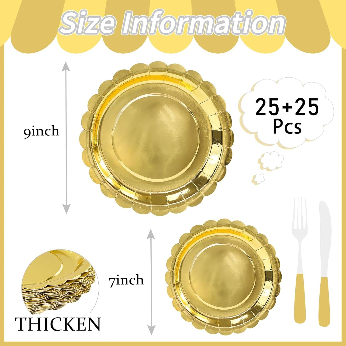 50 Pcs Yellow Scalloped Paper Plates 25 × 7'' and 25 × 9'' Disposable Yellow Scalloped Dinner Plates for Wedding Baby Shower Birthday Party Disposable Dessert Plate