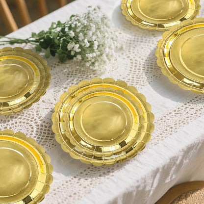 50 Pcs Yellow Scalloped Paper Plates 25 × 7'' and 25 × 9'' Disposable Yellow Scalloped Dinner Plates for Wedding Baby Shower Birthday Party Disposable Dessert Plate