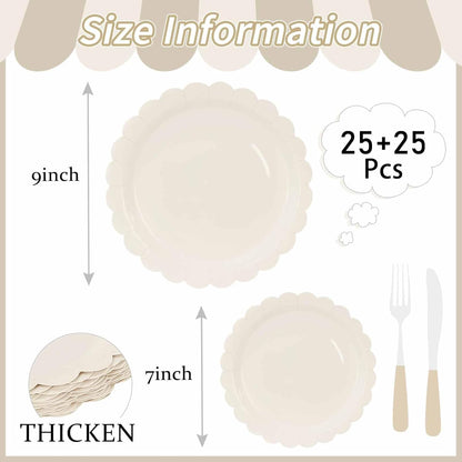 50 Pcs Yellow Scalloped Paper Plates 25 × 7'' and 25 × 9'' Disposable Yellow Scalloped Dinner Plates for Wedding Baby Shower Birthday Party Disposable Dessert Plate