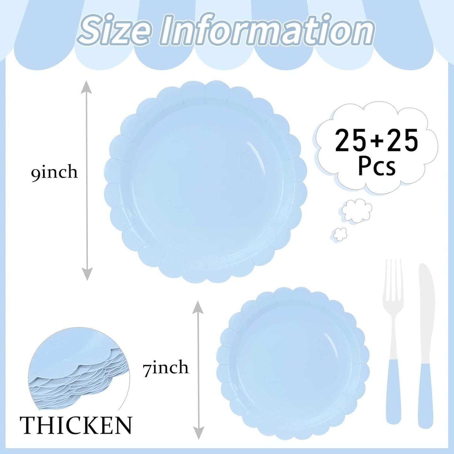 50 Pcs Yellow Scalloped Paper Plates 25 × 7'' and 25 × 9'' Disposable Yellow Scalloped Dinner Plates for Wedding Baby Shower Birthday Party Disposable Dessert Plate