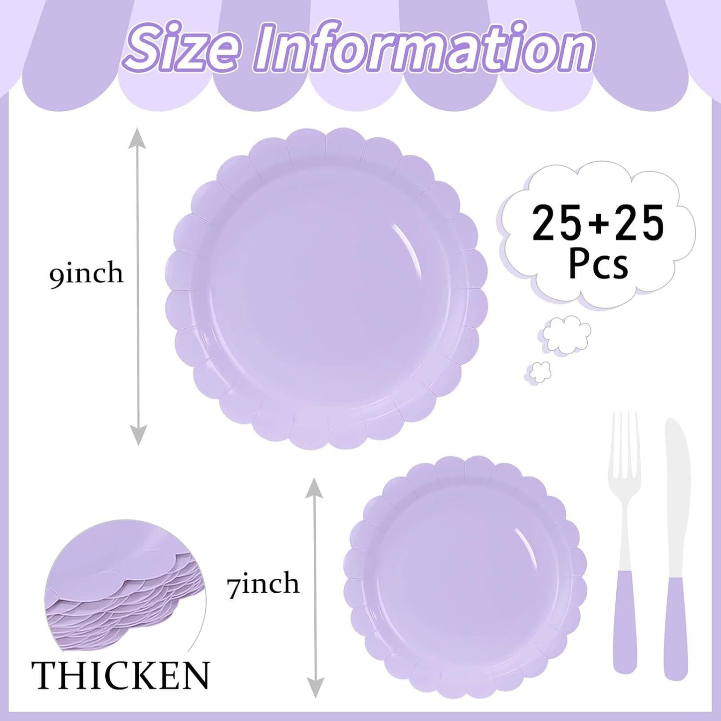50 Pcs Yellow Scalloped Paper Plates 25 × 7'' and 25 × 9'' Disposable Yellow Scalloped Dinner Plates for Wedding Baby Shower Birthday Party Disposable Dessert Plate
