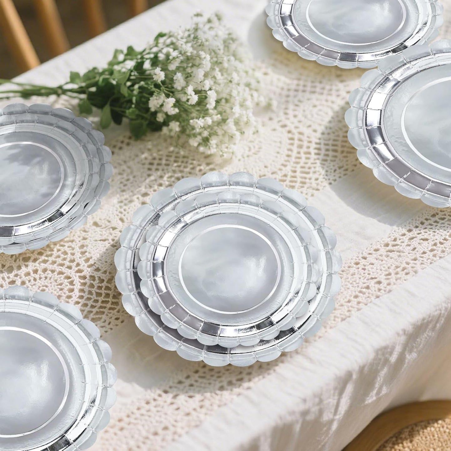 50 Pcs Yellow Scalloped Paper Plates 25 × 7'' and 25 × 9'' Disposable Yellow Scalloped Dinner Plates for Wedding Baby Shower Birthday Party Disposable Dessert Plate