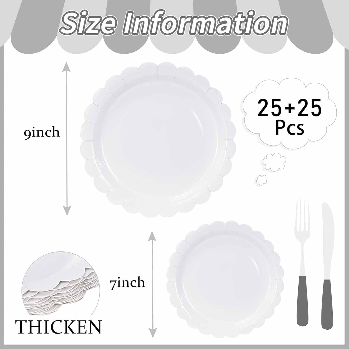 50 Pcs Yellow Scalloped Paper Plates 25 × 7'' and 25 × 9'' Disposable Yellow Scalloped Dinner Plates for Wedding Baby Shower Birthday Party Disposable Dessert Plate