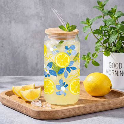 Lemon Glass Cup 16oz Iced Coffee Glass Lemon Summer Drinking Tumbler Blue Floral Aesthetic Tumbler Lemons Glasses Cups with Bamboo Lid and Straw Gift Lemons Summer Drinkware Gift for Parties