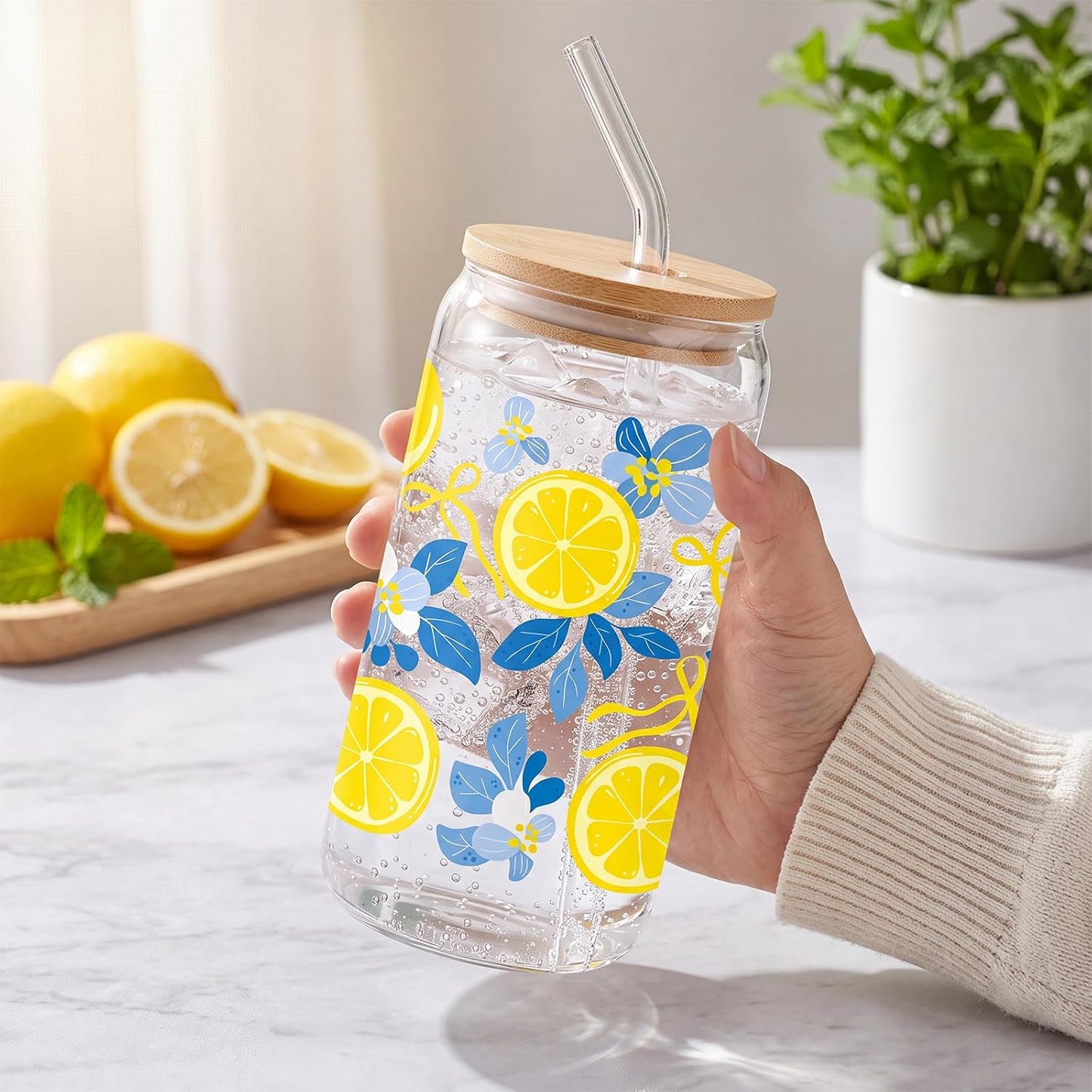 Lemon Glass Cup 16oz Iced Coffee Glass Lemon Summer Drinking Tumbler Blue Floral Aesthetic Tumbler Lemons Glasses Cups with Bamboo Lid and Straw Gift Lemons Summer Drinkware Gift for Parties