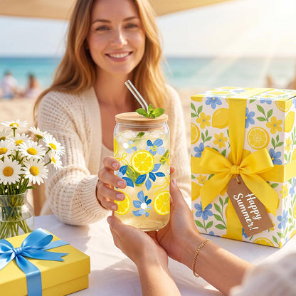 Lemon Glass Cup 16oz Iced Coffee Glass Lemon Summer Drinking Tumbler Blue Floral Aesthetic Tumbler Lemons Glasses Cups with Bamboo Lid and Straw Gift Lemons Summer Drinkware Gift for Parties