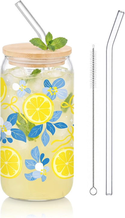 Lemon Glass Cup 16oz Iced Coffee Glass Lemon Summer Drinking Tumbler Blue Floral Aesthetic Tumbler Lemons Glasses Cups with Bamboo Lid and Straw Gift Lemons Summer Drinkware Gift for Parties