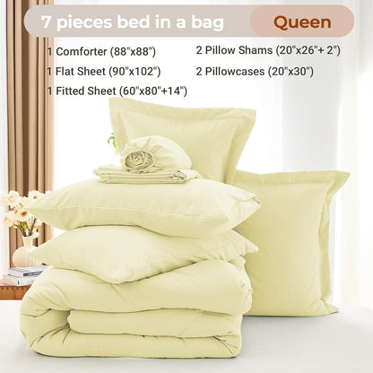 7 Pieces Queen Comforter Set, Soft Bed in a Bag Queen Size, All Season Bedding Set with Comforter, Flat Sheet, Fitted Sheet, Pillowcases & Shams, Cream Yellow