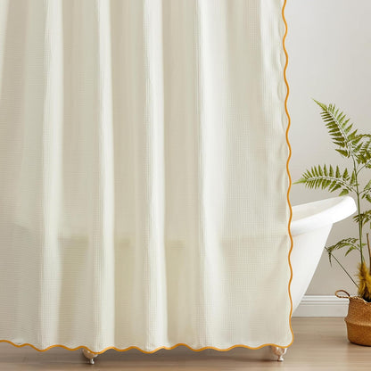 Scalloped Waffle Weave Shower Curtain with Rustproof Metal Grommet Holes for Bathroom, Machine Washable, Hooks Included (72x72 inch, Mustard/Cream)