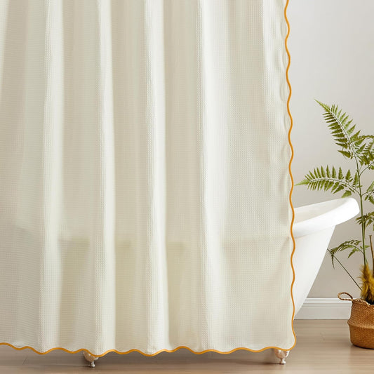 Scalloped Waffle Weave Shower Curtain with Rustproof Metal Grommet Holes for Bathroom, Machine Washable, Hooks Included (72x72 inch, Mustard/Cream)