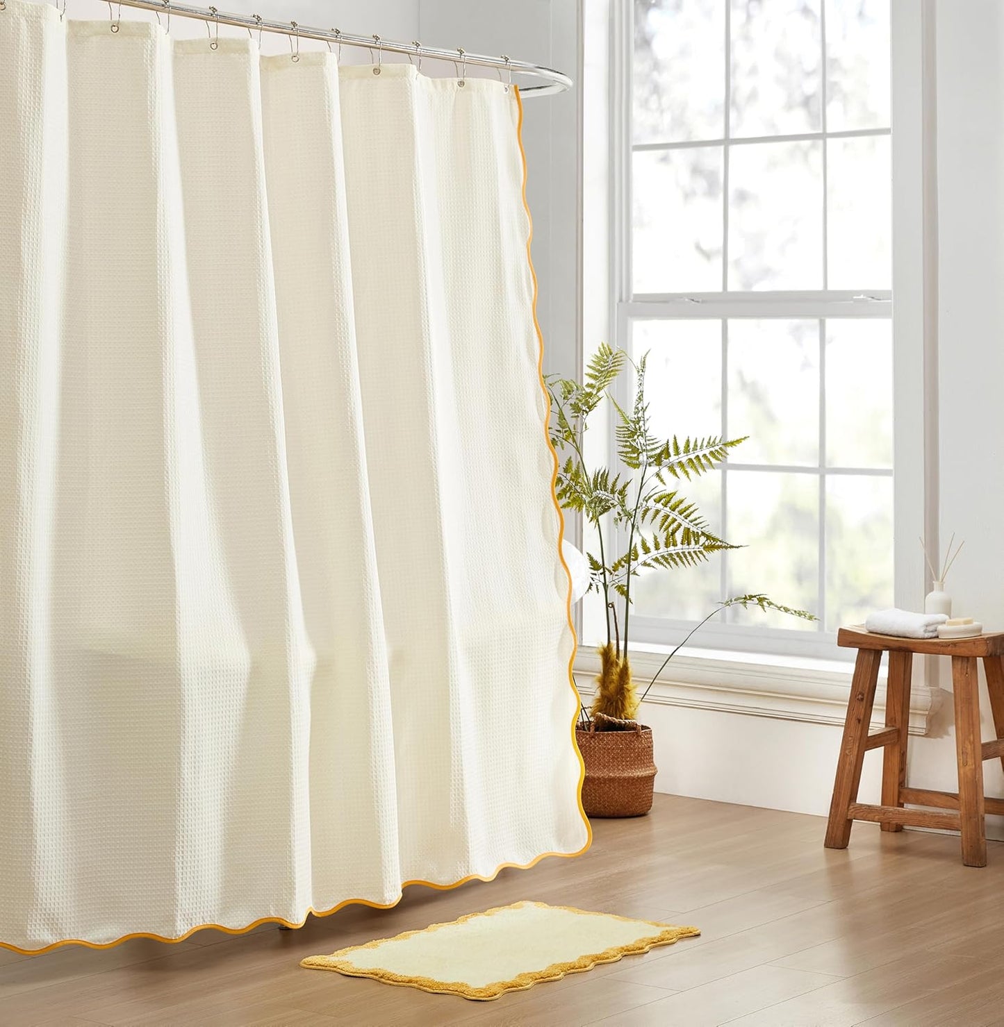 Scalloped Waffle Weave Shower Curtain with Rustproof Metal Grommet Holes for Bathroom, Machine Washable, Hooks Included (72x72 inch, Mustard/Cream)