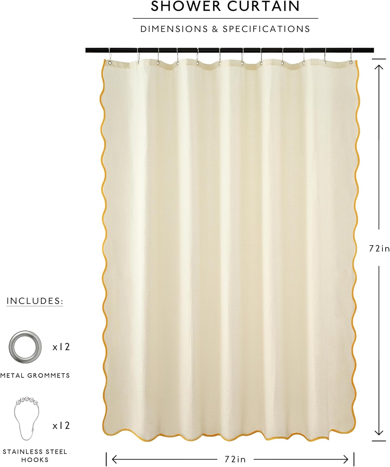 Scalloped Waffle Weave Shower Curtain with Rustproof Metal Grommet Holes for Bathroom, Machine Washable, Hooks Included (72x72 inch, Mustard/Cream)