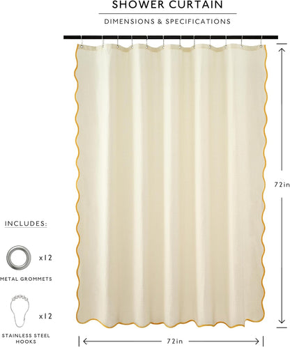 Scalloped Waffle Weave Shower Curtain with Rustproof Metal Grommet Holes for Bathroom, Machine Washable, Hooks Included (72x72 inch, Mustard/Cream)