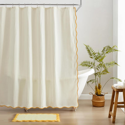 Scalloped Waffle Weave Shower Curtain with Rustproof Metal Grommet Holes for Bathroom, Machine Washable, Hooks Included (72x72 inch, Mustard/Cream)