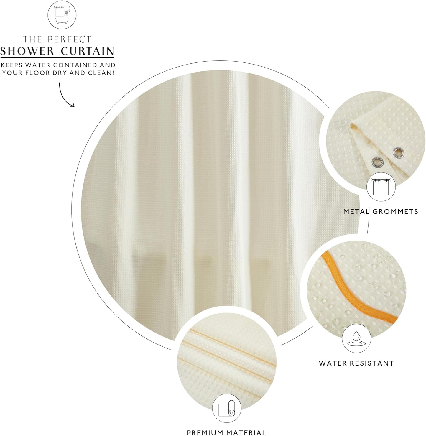 Scalloped Waffle Weave Shower Curtain with Rustproof Metal Grommet Holes for Bathroom, Machine Washable, Hooks Included (72x72 inch, Mustard/Cream)