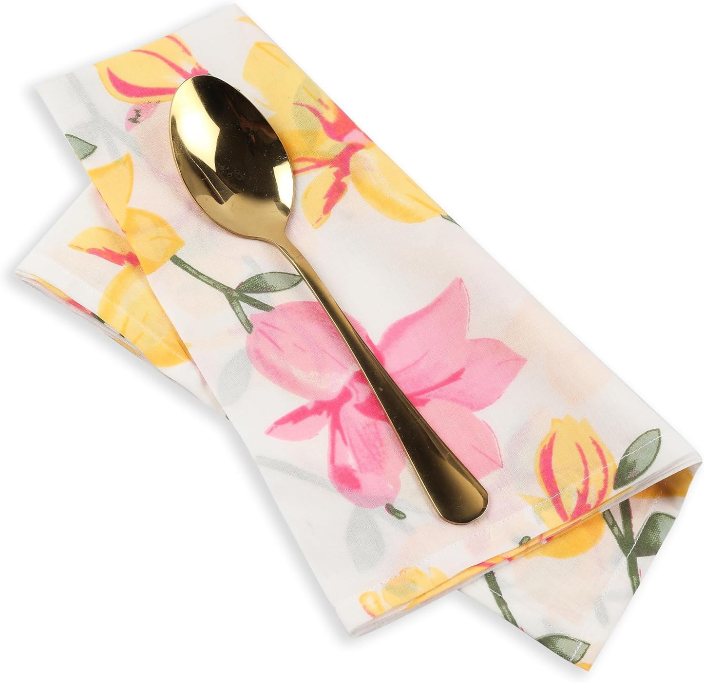 Floral Printed Cotton Napkins, Indian Home Decor Cloth Set of 4 20X20 Inch Cocktail Napkins (Yellow and Pink)