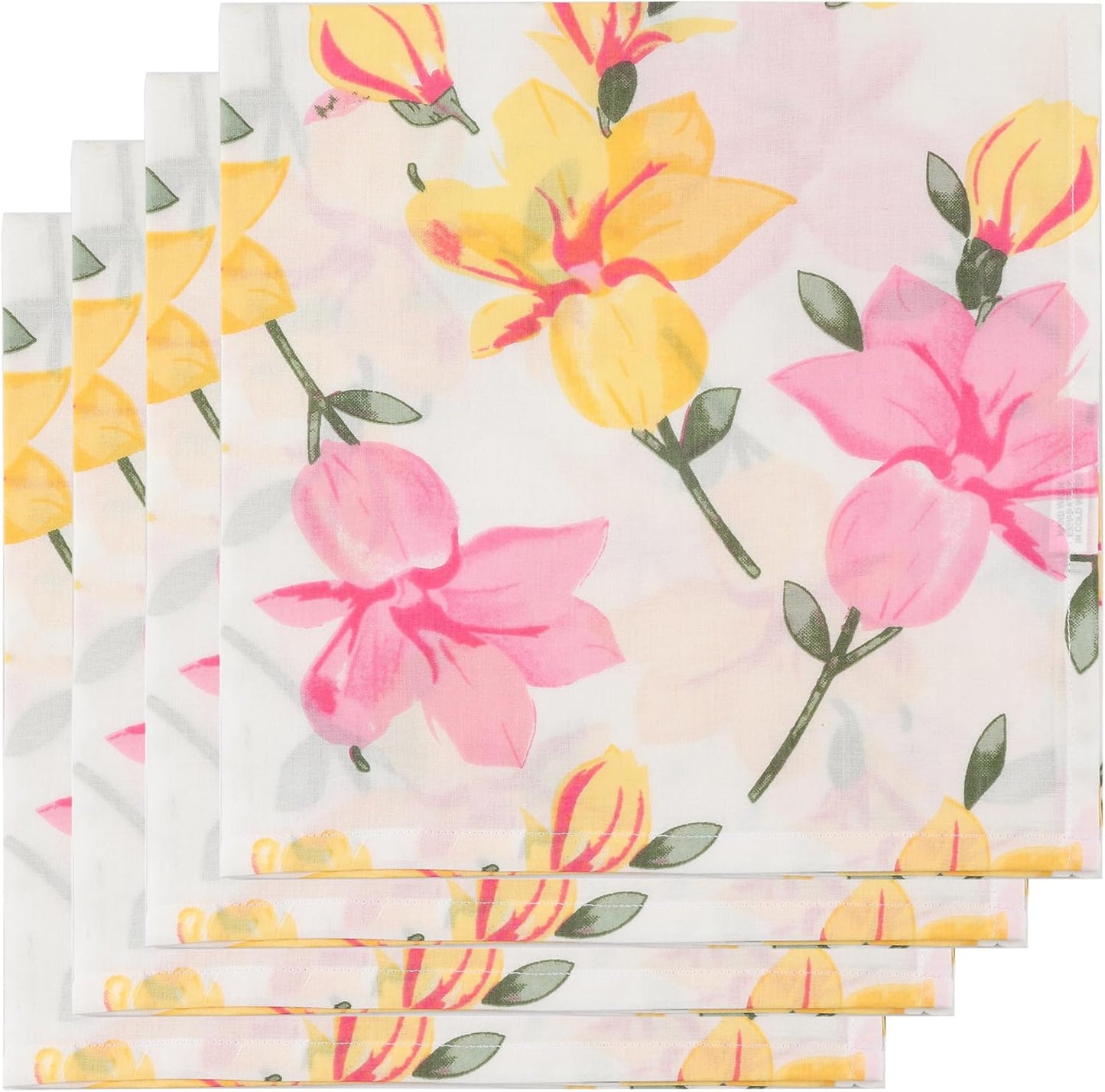 Floral Printed Cotton Napkins, Indian Home Decor Cloth Set of 4 20X20 Inch Cocktail Napkins (Yellow and Pink)