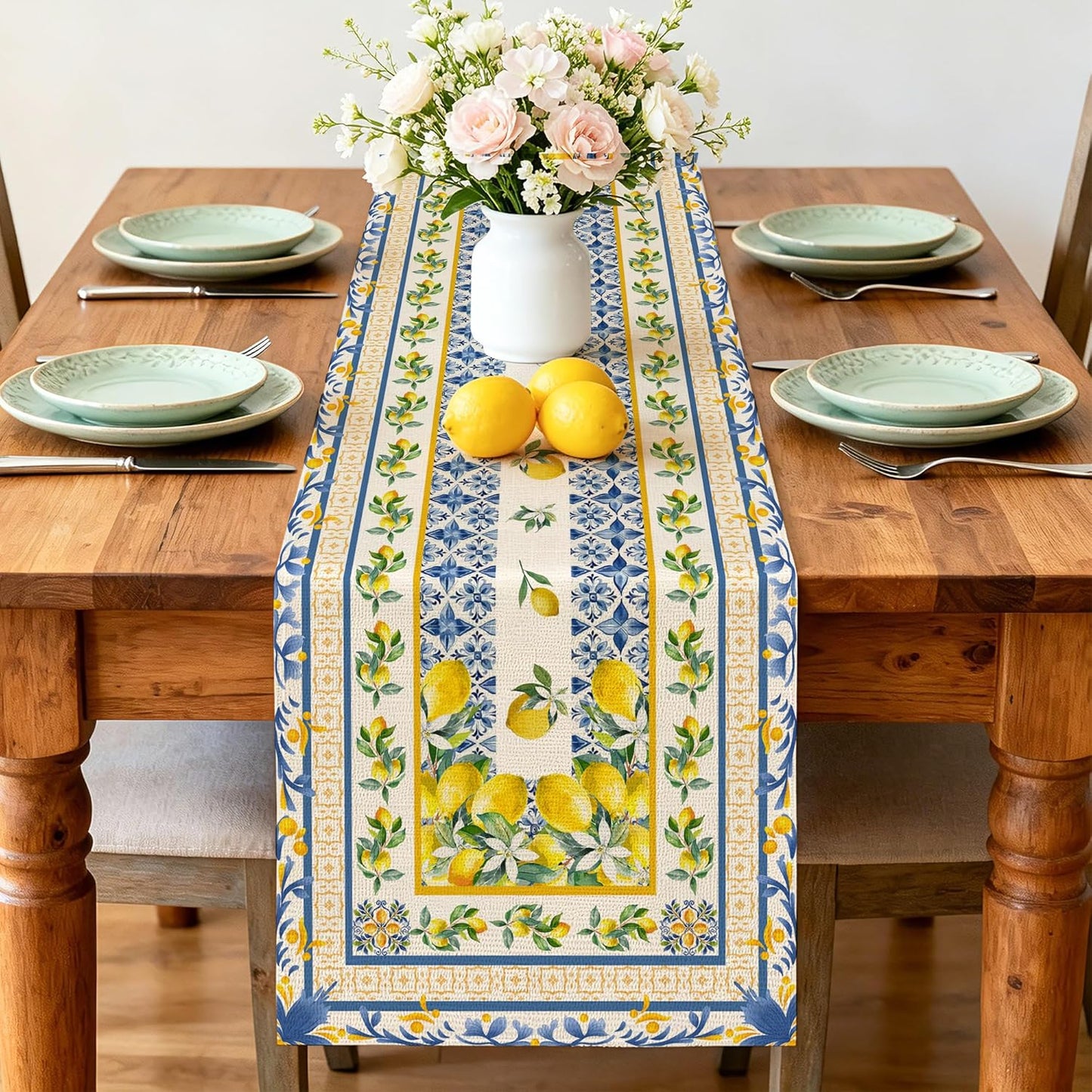Lemon Table Runner 13x72 inch, Spring Summer Decor for Table, Home - Farmhouse Mediterranean Lemon Party Decroations