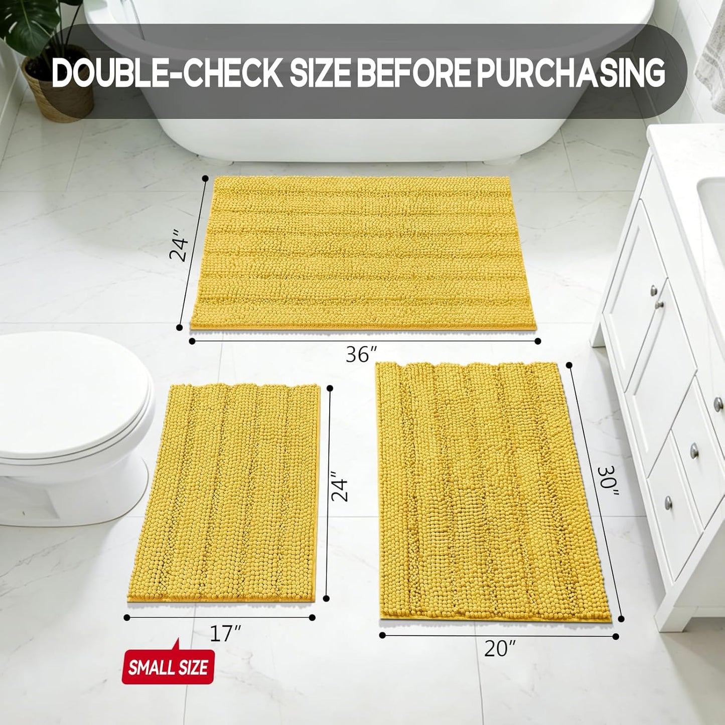 24"×17" Chenille Bath Mat – Non-Slip with Backing Bath Rug Ultra-Absorbent and Machine Washable Bathroom Mat Quick-Dry Design. Ideal for Bathroom Shower and Tub Areas