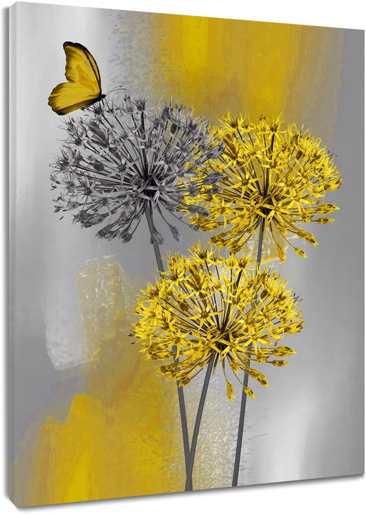 Yellow Dandelion Canvas Wall Art Yellow Grey Dandelion with Butterfly on Modern Abstract Wall Art Aesthetic Wall Decor for Living Room Bedroom Bathroom Office Framed Ready to Hang 16L x 12W