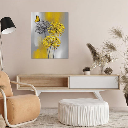 Yellow Dandelion Canvas Wall Art Yellow Grey Dandelion with Butterfly on Modern Abstract Wall Art Aesthetic Wall Decor for Living Room Bedroom Bathroom Office Framed Ready to Hang 16L x 12W
