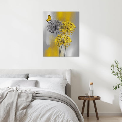 Yellow Dandelion Canvas Wall Art Yellow Grey Dandelion with Butterfly on Modern Abstract Wall Art Aesthetic Wall Decor for Living Room Bedroom Bathroom Office Framed Ready to Hang 16L x 12W