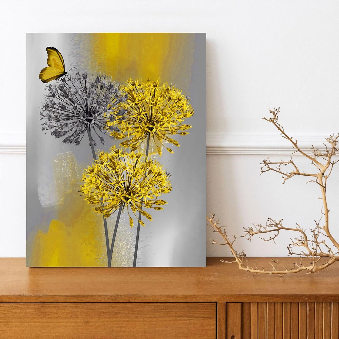 Yellow Dandelion Canvas Wall Art Yellow Grey Dandelion with Butterfly on Modern Abstract Wall Art Aesthetic Wall Decor for Living Room Bedroom Bathroom Office Framed Ready to Hang 16L x 12W