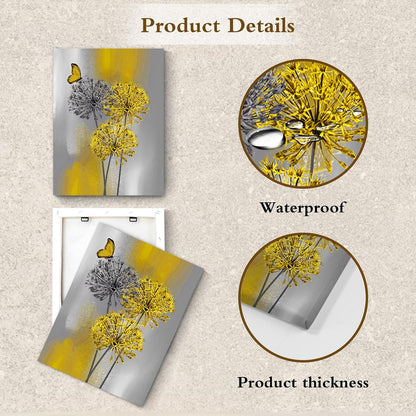 Yellow Dandelion Canvas Wall Art Yellow Grey Dandelion with Butterfly on Modern Abstract Wall Art Aesthetic Wall Decor for Living Room Bedroom Bathroom Office Framed Ready to Hang 16L x 12W