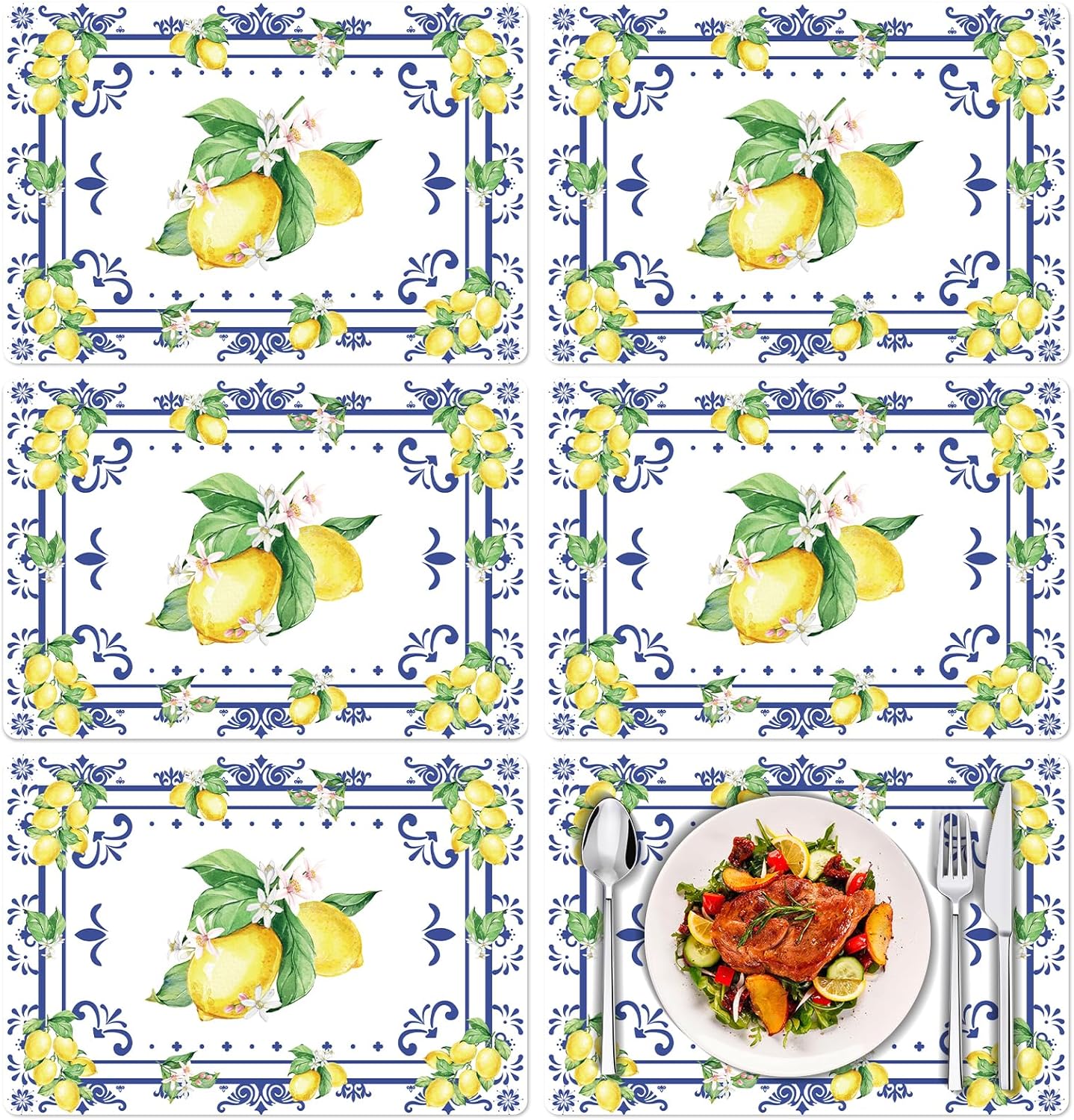 Summer Lemon Placemats Set of 6, 11 x 15.7 Inch Lemon Floral Plastic Placemat Washable Blue Chinoiserie Lemons Vinyl Table Mats for Seasonal Holiday Wedding Birthday Party Decoration