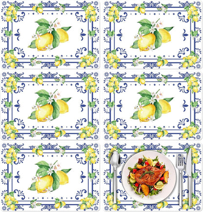 Summer Lemon Placemats Set of 6, 11 x 15.7 Inch Lemon Floral Plastic Placemat Washable Blue Chinoiserie Lemons Vinyl Table Mats for Seasonal Holiday Wedding Birthday Party Decoration
