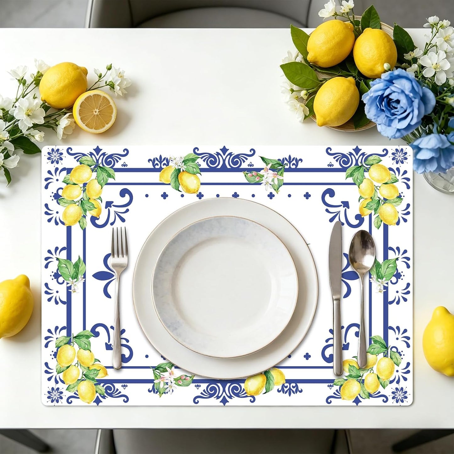 Summer Lemon Placemats Set of 6, 11 x 15.7 Inch Lemon Floral Plastic Placemat Washable Blue Chinoiserie Lemons Vinyl Table Mats for Seasonal Holiday Wedding Birthday Party Decoration