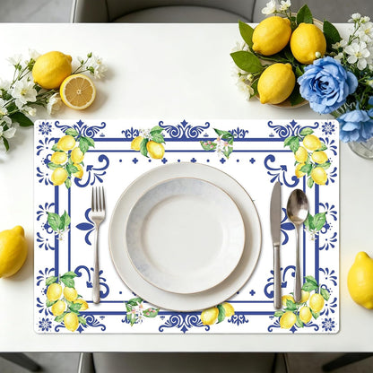 Summer Lemon Placemats Set of 6, 11 x 15.7 Inch Lemon Floral Plastic Placemat Washable Blue Chinoiserie Lemons Vinyl Table Mats for Seasonal Holiday Wedding Birthday Party Decoration